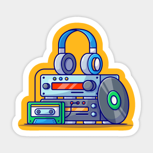 Music Engine Sound Player with Vinyl, Cassette and Headphone Cartoon Vector Icon Illustration Sticker